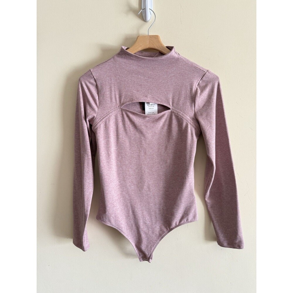 Express Body Contour pink bodysuit mock neck long sleeve key hole thong size M